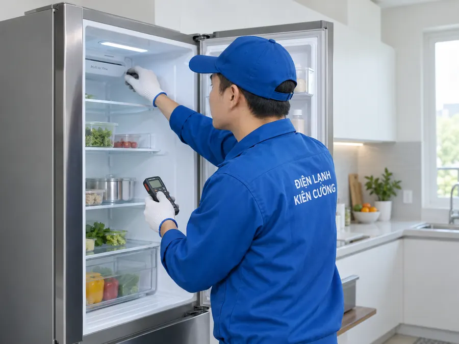 Kỹ thuật viên Điện Lạnh Kiên Cường kiểm tra tủ lạnh tại nhà
