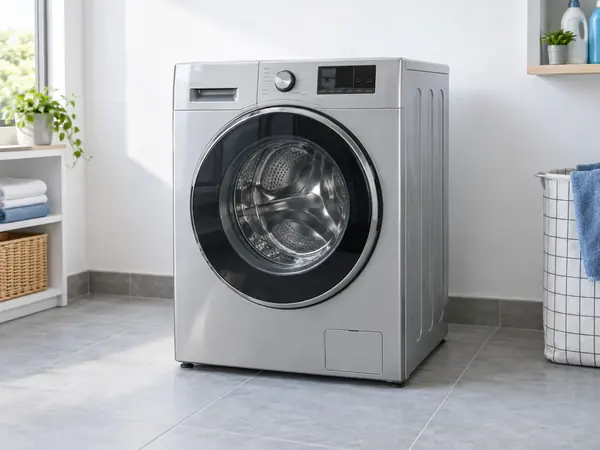 Máy giặt cửa trước trong không gian giặt giũ sáng sạch
