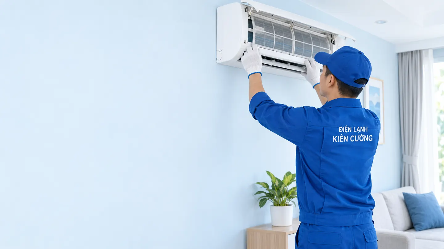 Kỹ thuật viên mặc đồng phục xanh kiểm tra điều hòa treo tường tại nhà
