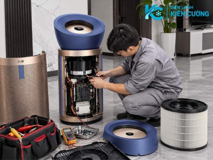 Kỹ thuật đang sửa máy lọc không khí Dyson tại Hà Nội 