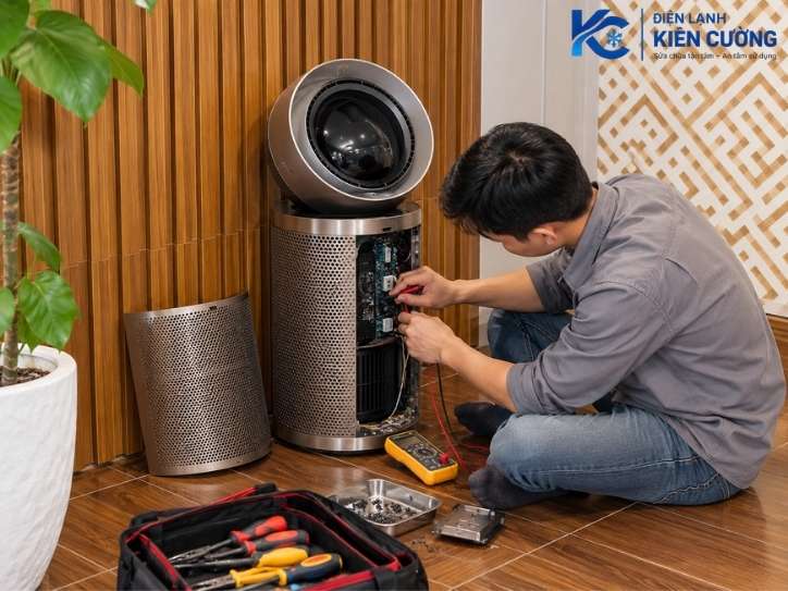 Kỹ thuật đang sửa máy lọc không khi Dyson tại nhà khách hàng